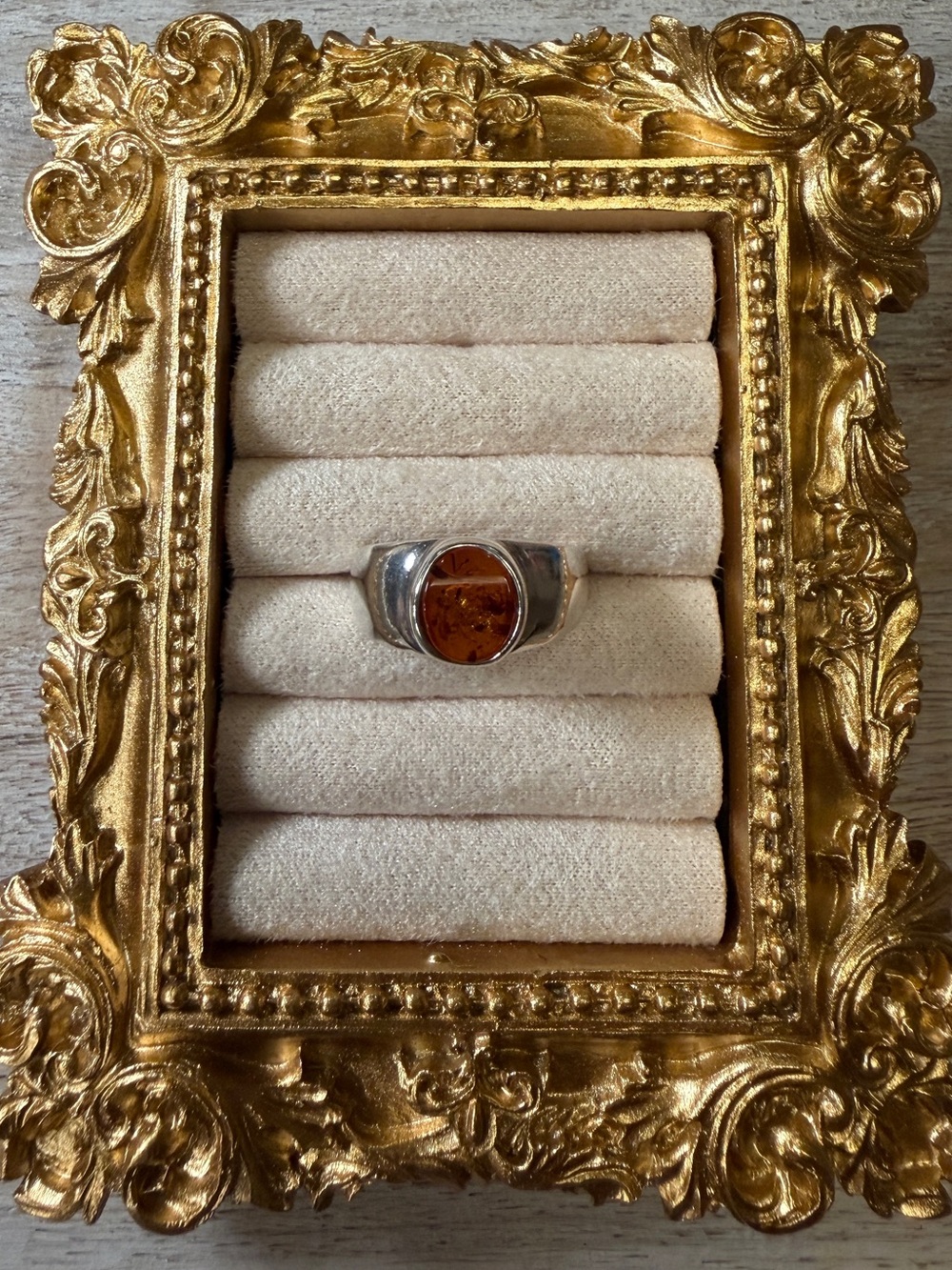 Vintage Sterling Silver Oval Amber Bezel-Set Signet Style Ring - Size 7.75